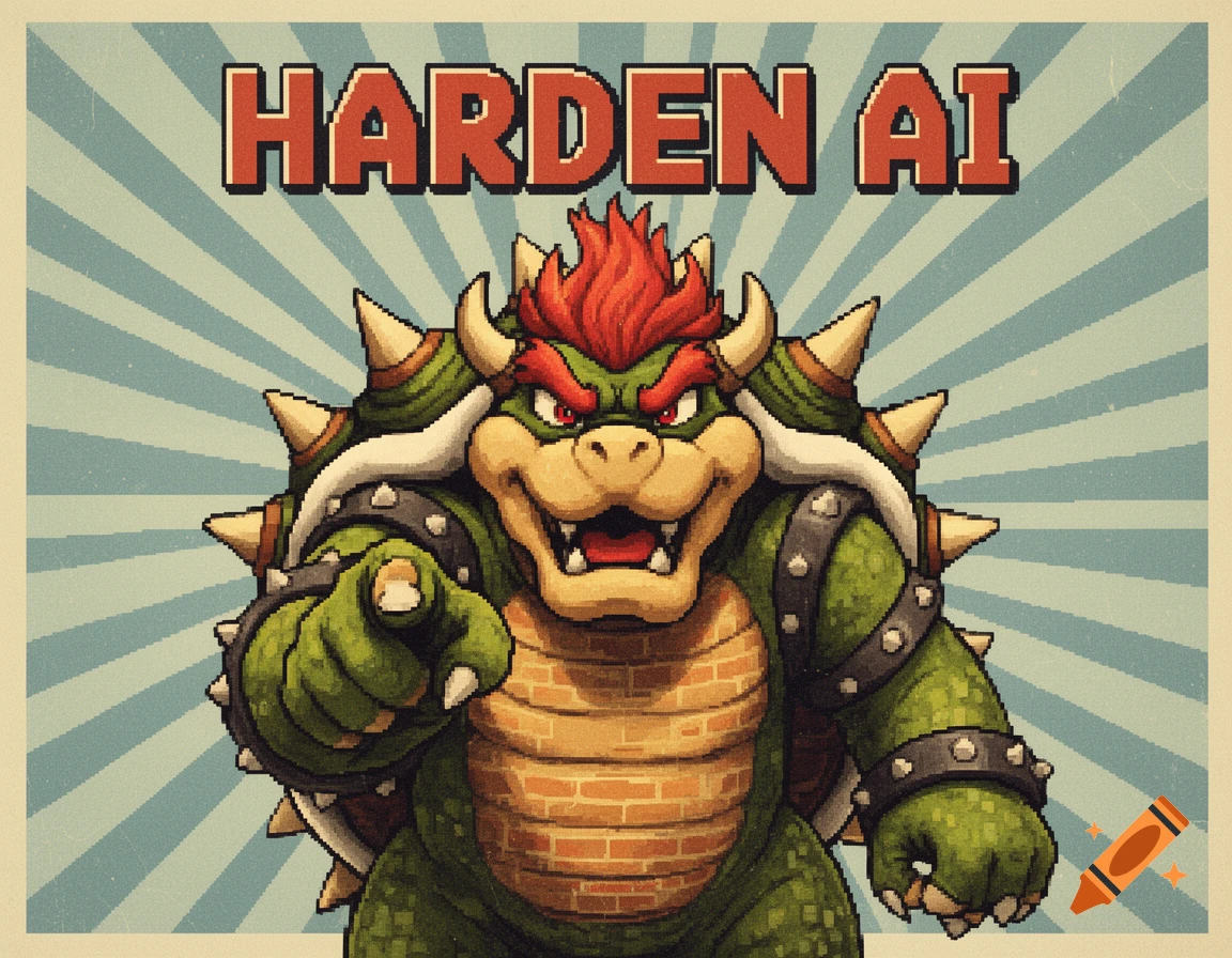 Pixel art of Bowser from Mario, styled as a retro propaganda poster, pointing at the viewer under the text 'HARDEN AI'.