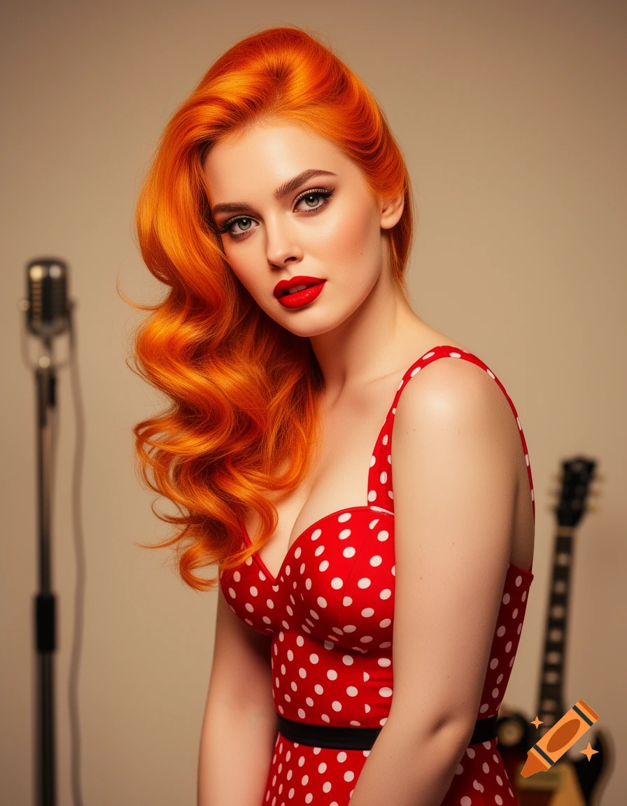A woman with vibrant orange hair and red lipstick wears a red polka dot dress, posing in a pin-up style with a vintage microphone and guitar in the background.