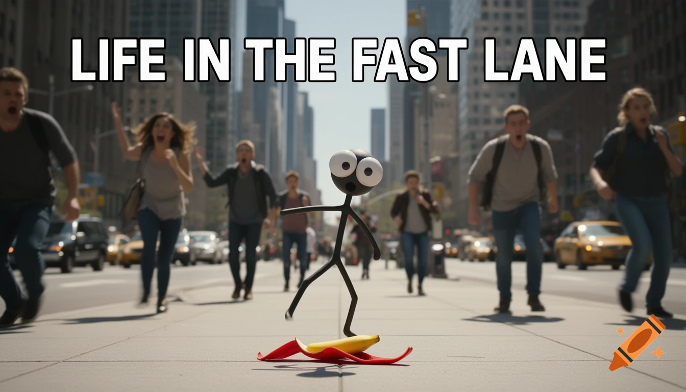 A cartoon stick figure about to slip on a banana peel on a city street as panicked people run past. Text: LIFE IN THE FAST LANE.
