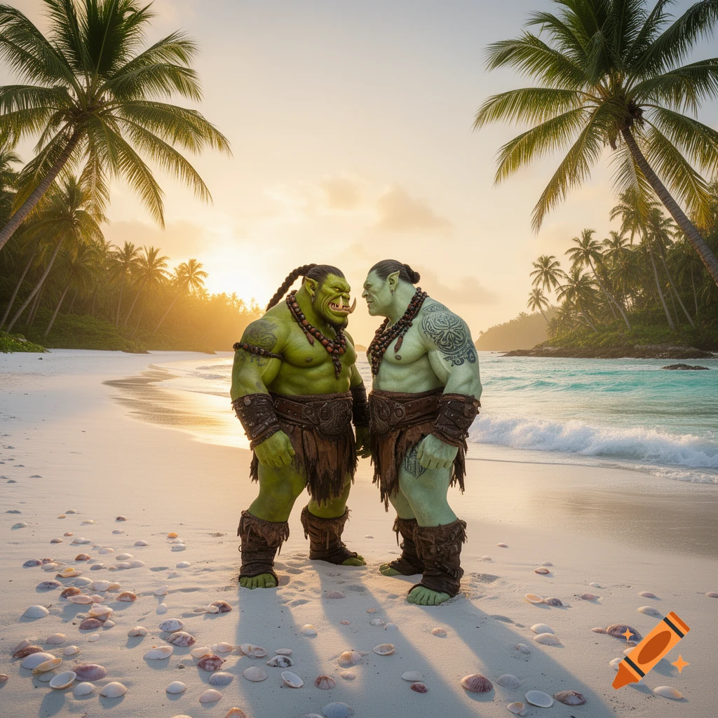 Two muscular green orcs stand facing each other on a white sandy beach with palm trees and an ocean at sunset, photorealistic.