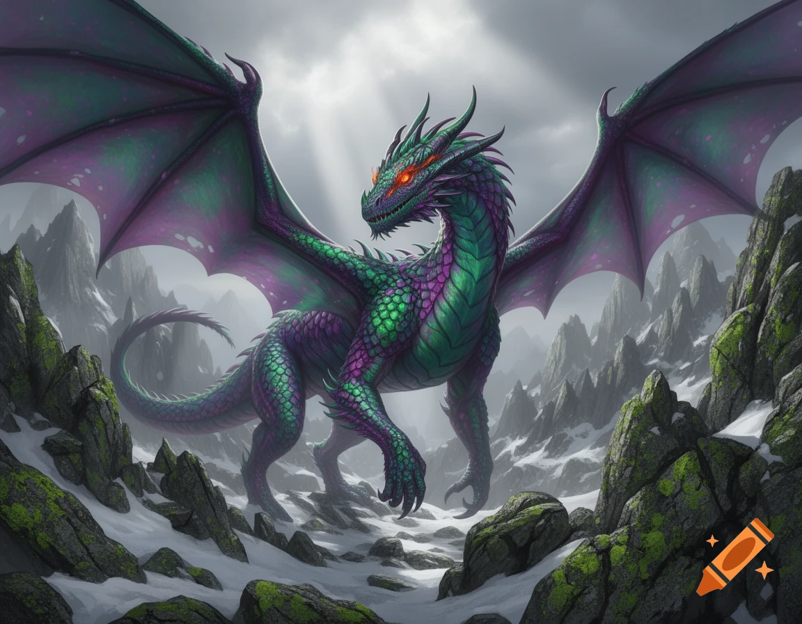 A majestic green and purple dragon with glowing red eyes stands in a snowy, rocky mountain landscape with a dramatic, cloudy sky.