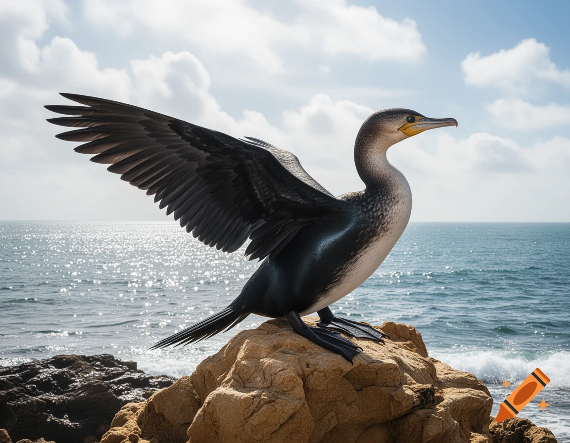 A cormorant stands on a sunny rock by the ocean with its wings spread slightly under a blue sky with clouds.