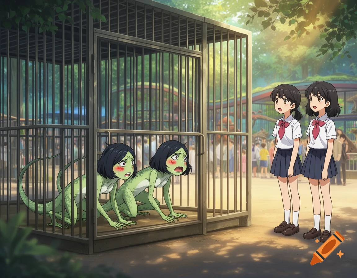 Two green-skinned anime lizard women look scared and embarrassed in a zoo cage as two schoolgirls watch.