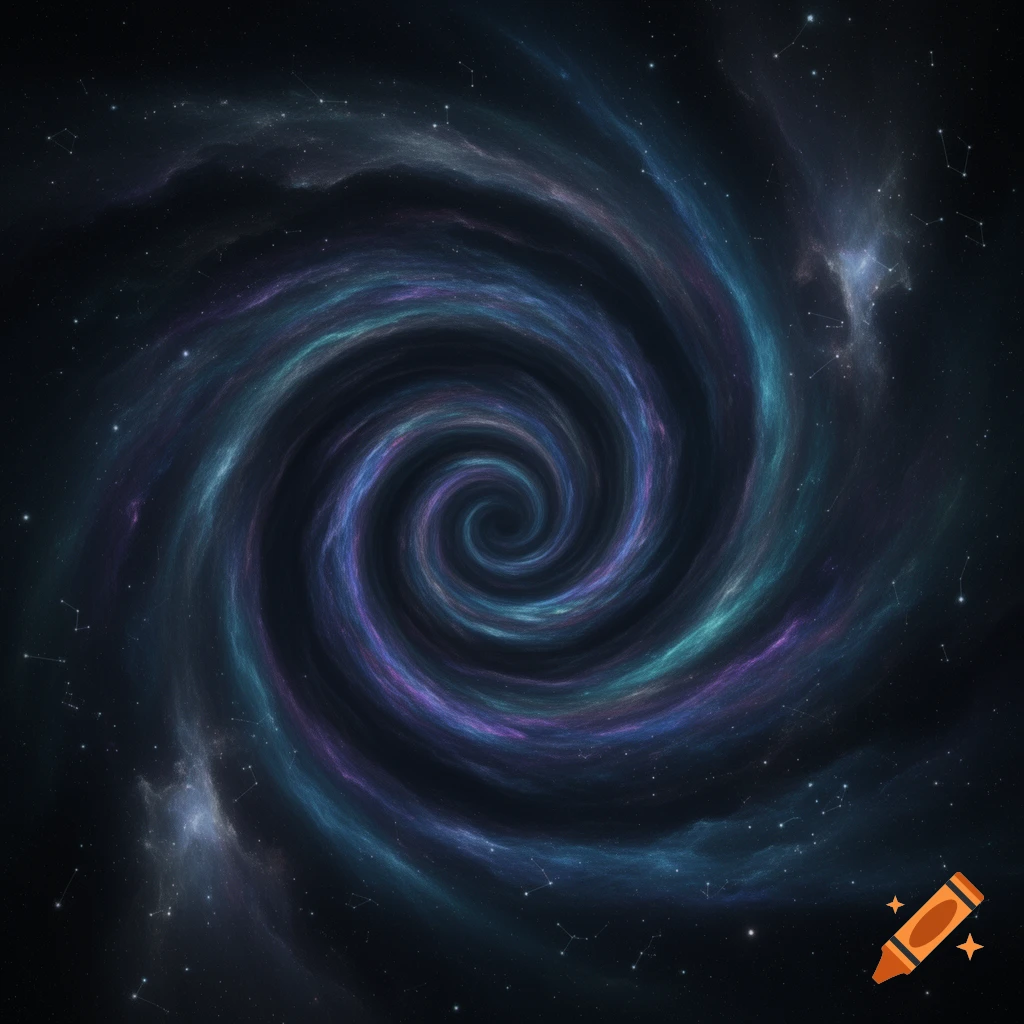 A deep space vortex with swirling blue and purple nebulae, surrounded by stars on a dark background.