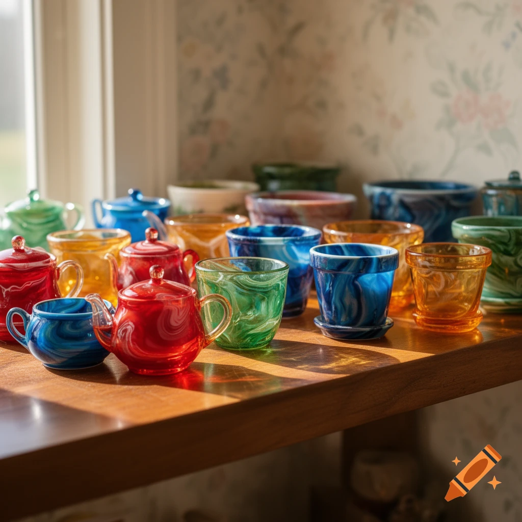 A collection of colorful marbled glass teapots, cups, and planters sits on a sunlit wooden shelf against a floral wallpaper.