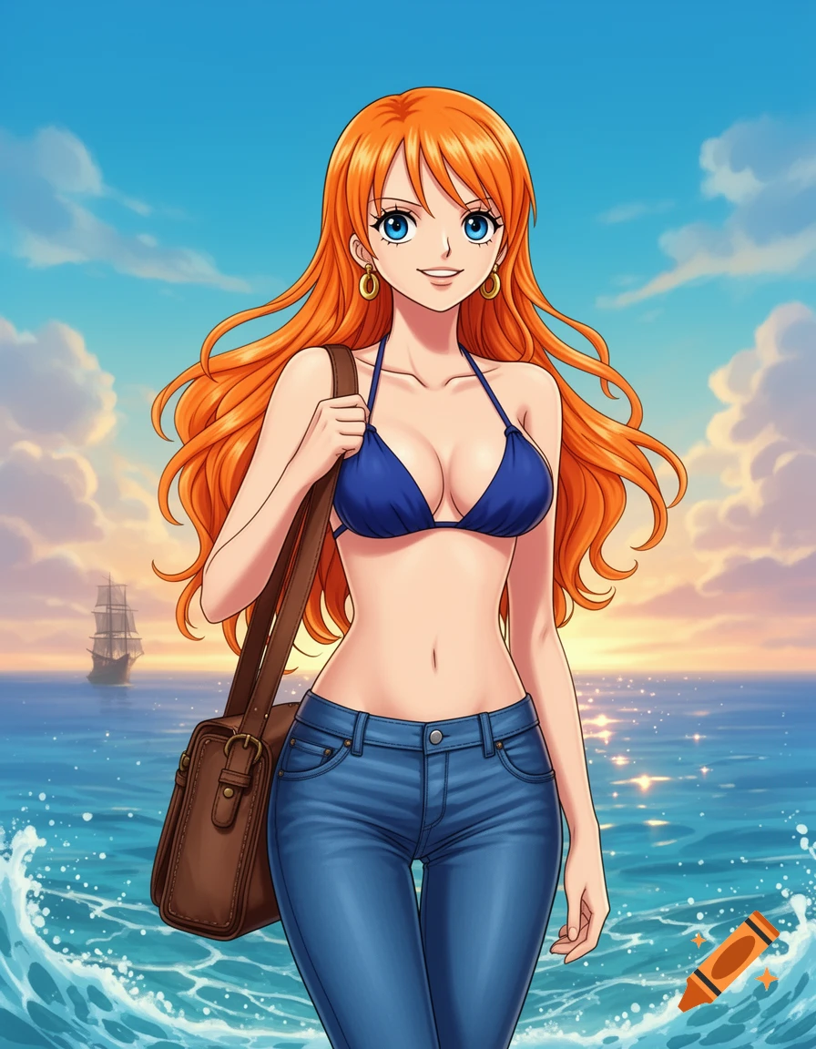 Anime woman with long orange hair and blue eyes, wearing a blue bikini top and jeans, standing in shallow ocean water with a sailboat in the background.