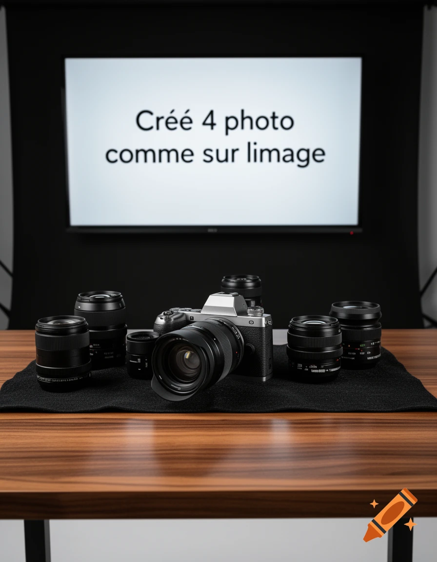 A silver and black camera with multiple lenses is arranged on a black cloth on a wooden table, with a white screen displaying text in the background.