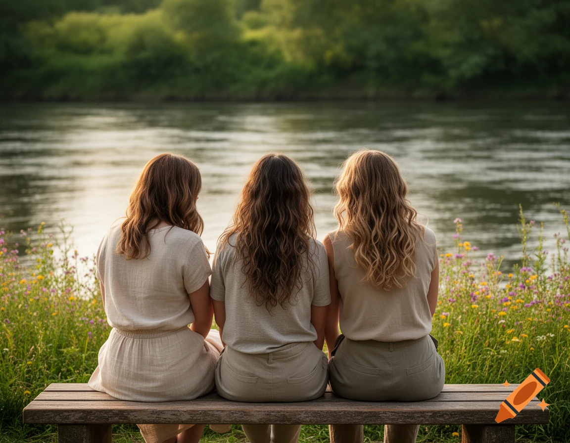 Three women sit with their backs to the viewer on a wooden bench, overlooking a river with lush green banks and wildflowers.