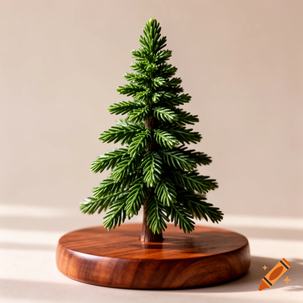 A photorealistic miniature green Christmas tree on a round, flat wooden base.