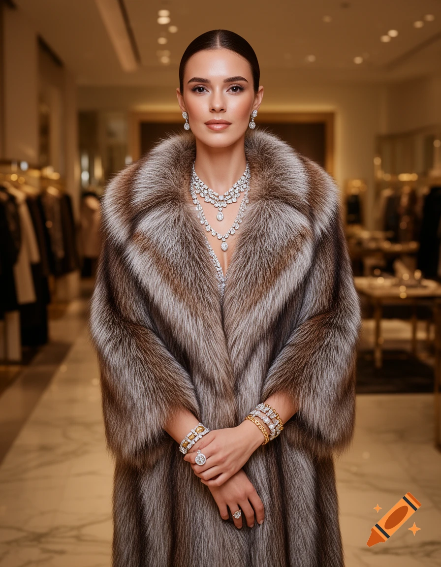 A woman in a lavish fur coat and sparkling diamond jewelry stands in a luxury boutique, photorealistic.