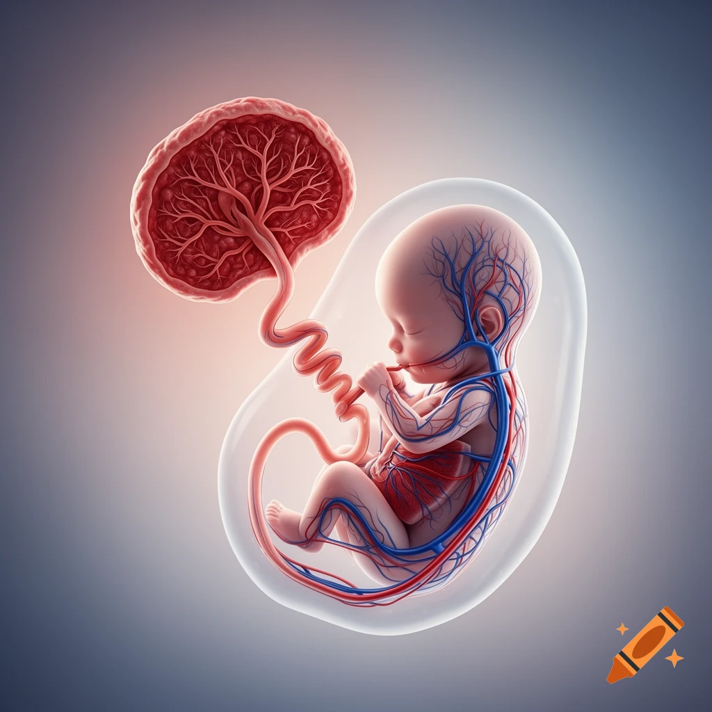 Detailed illustration of a human fetus connected to a placenta by an umbilical cord, showing the fetal circulatory system.