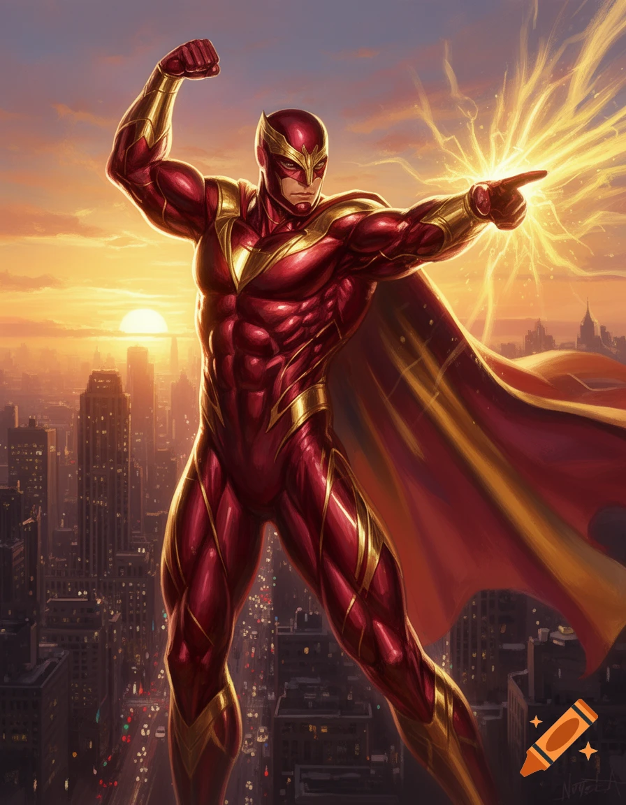 A muscular superhero in a red and gold suit, cape flowing, flexes one arm and points forward with the other, emitting golden energy over a city at sunset.