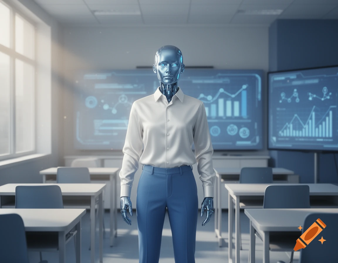 A metallic humanoid robot in a white collared shirt and blue pants stands in a modern classroom with large screens displaying data.