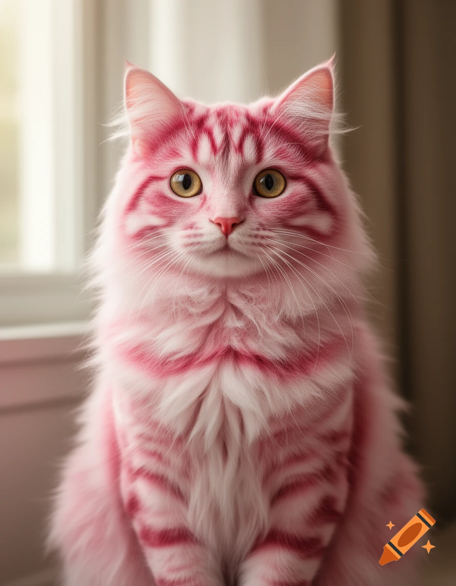 A fluffy pink and white striped cat with golden eyes sits indoors near a window, looking forward.