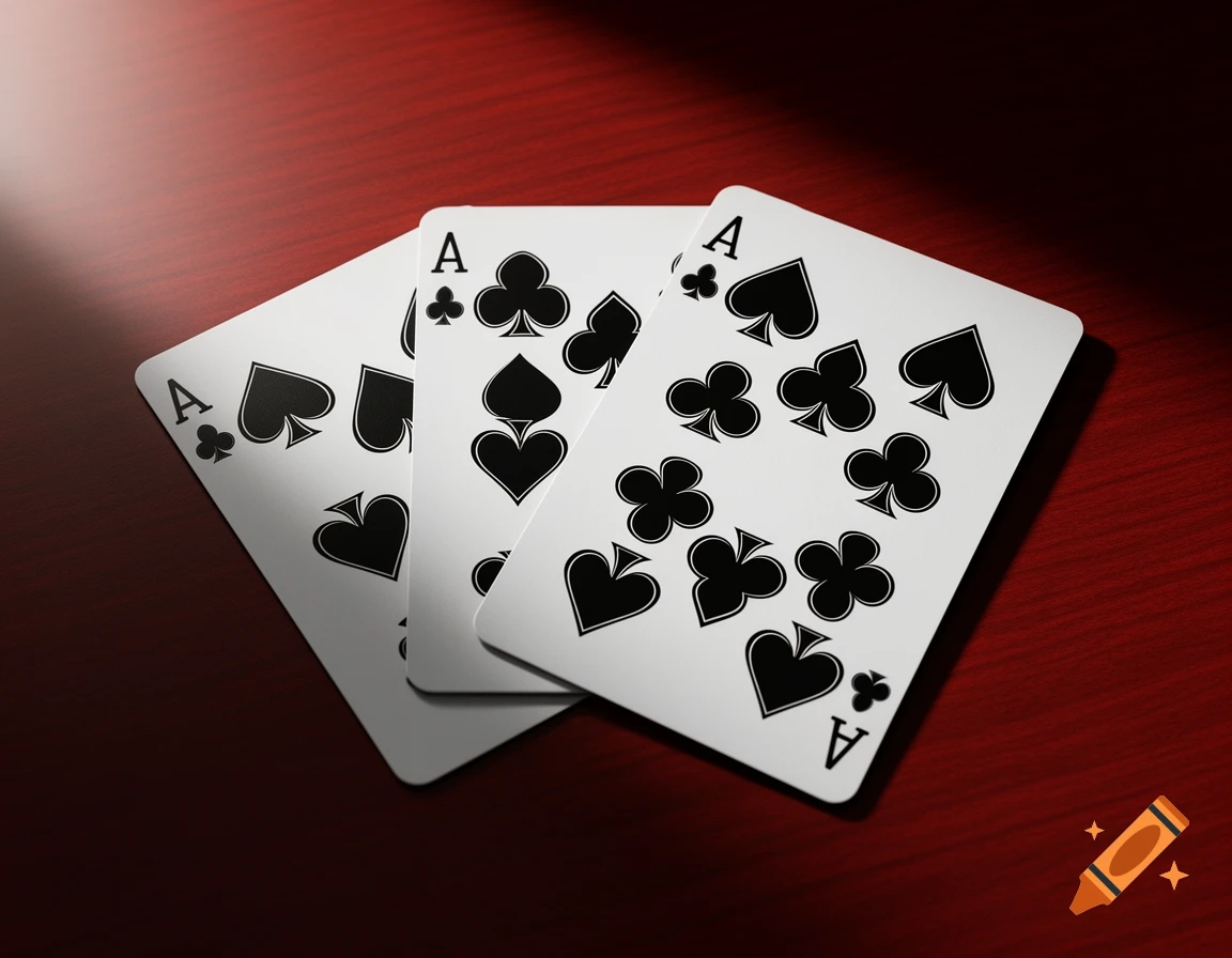 Three white playing cards, all aces with black spades, clubs, and hearts, partially overlap on a dark red wooden surface with a bright spotlight.