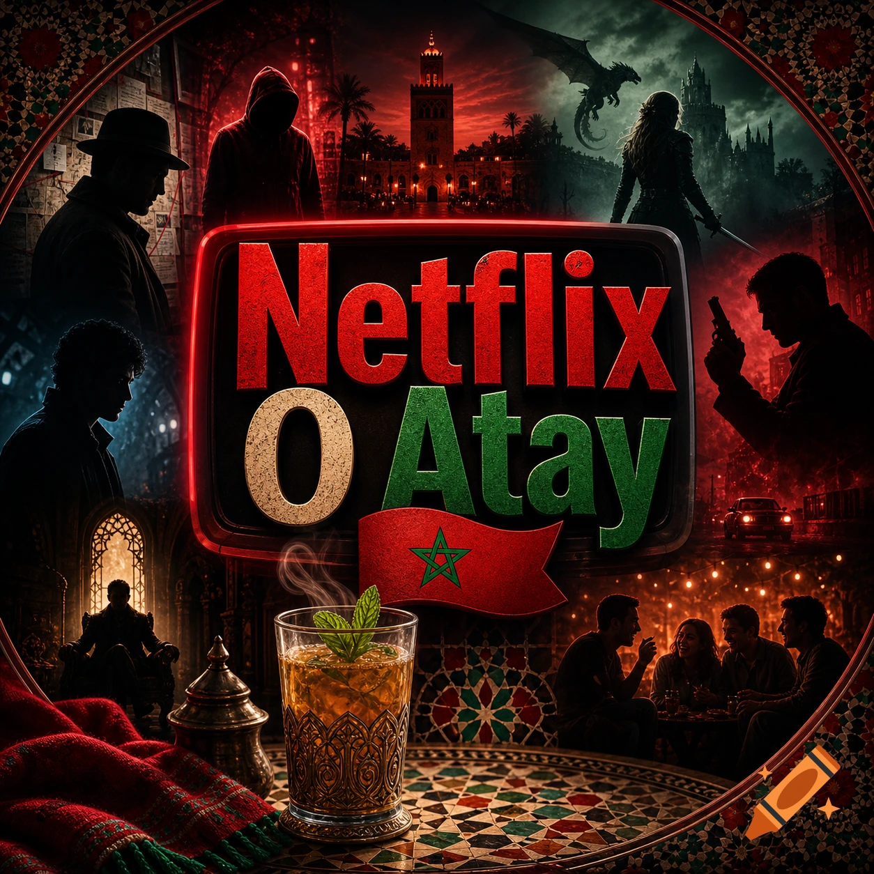 A stylized movie poster collage featuring the text "Netflix O Atay" and a Moroccan flag, surrounded by scenes of fantasy, crime, and drama, with a traditional Moroccan mint tea glass.