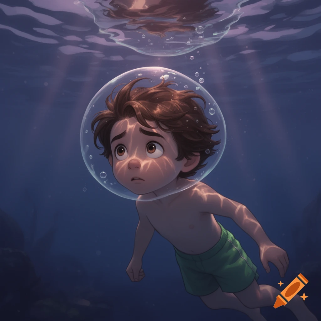 A cartoon boy with brown hair and green shorts, wearing an air bubble around his head, looks up while swimming underwater in clear blue water.