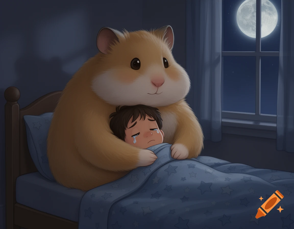 A giant fluffy hamster cuddles a small, crying boy in bed at night under a full moon, in a comforting cartoon illustration.