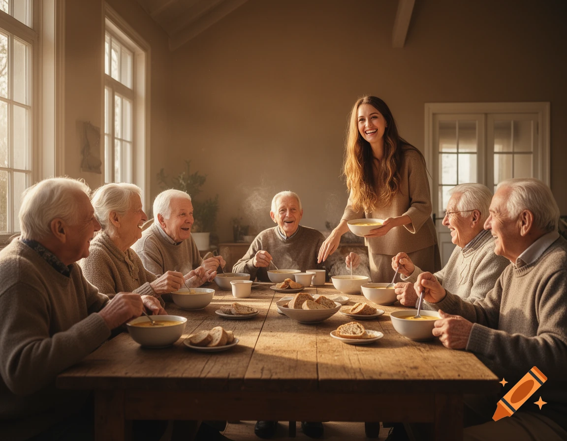 A happy young woman serves soup to a group of cheerful elderly people gathered around a rustic wooden table in a sunlit room.