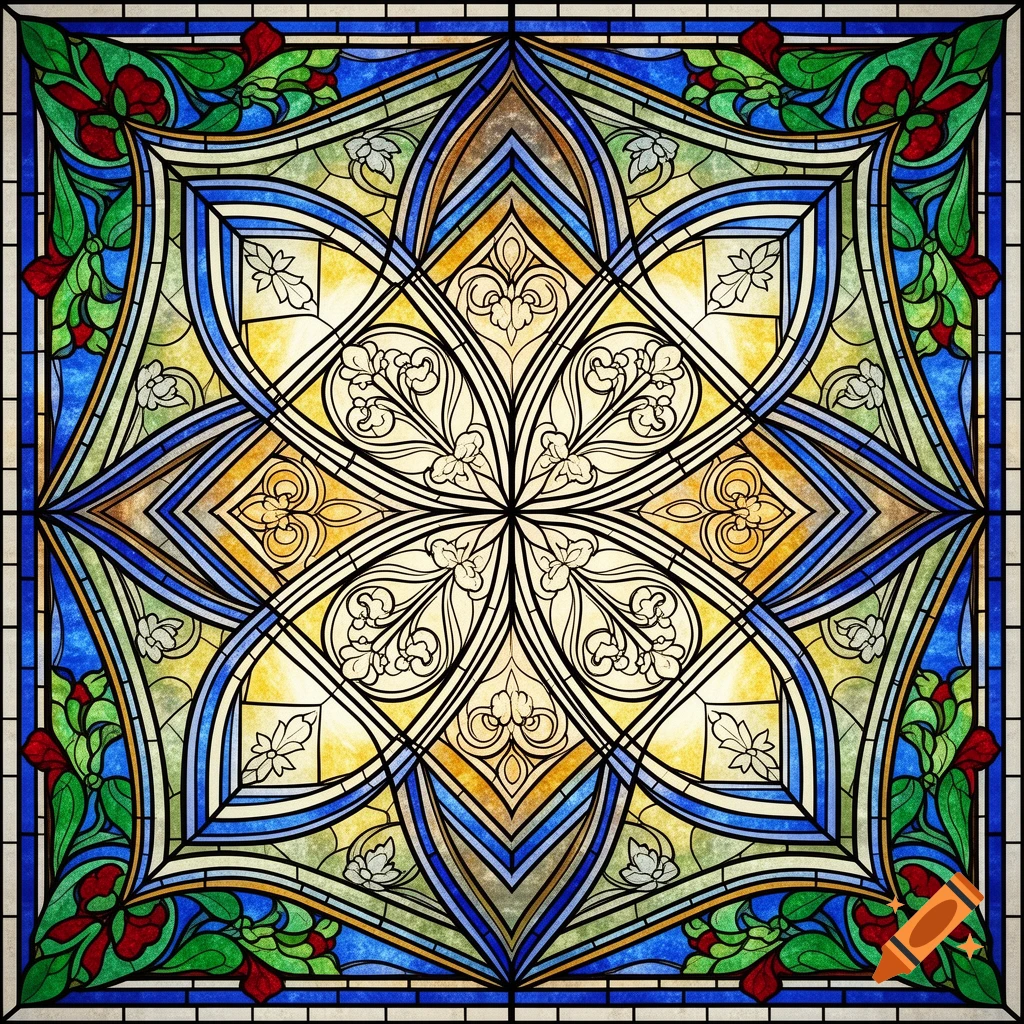 Symmetrical stained glass pattern featuring intricate floral and geometric designs in blue, green, yellow, and red.