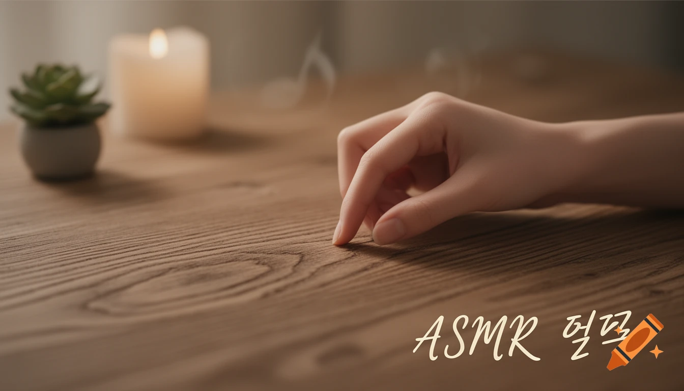A close-up of a hand with one finger touching a wooden table, next to a blurred lit candle and a small potted plant. The text "ASMR 얼룩" is in the bottom right.