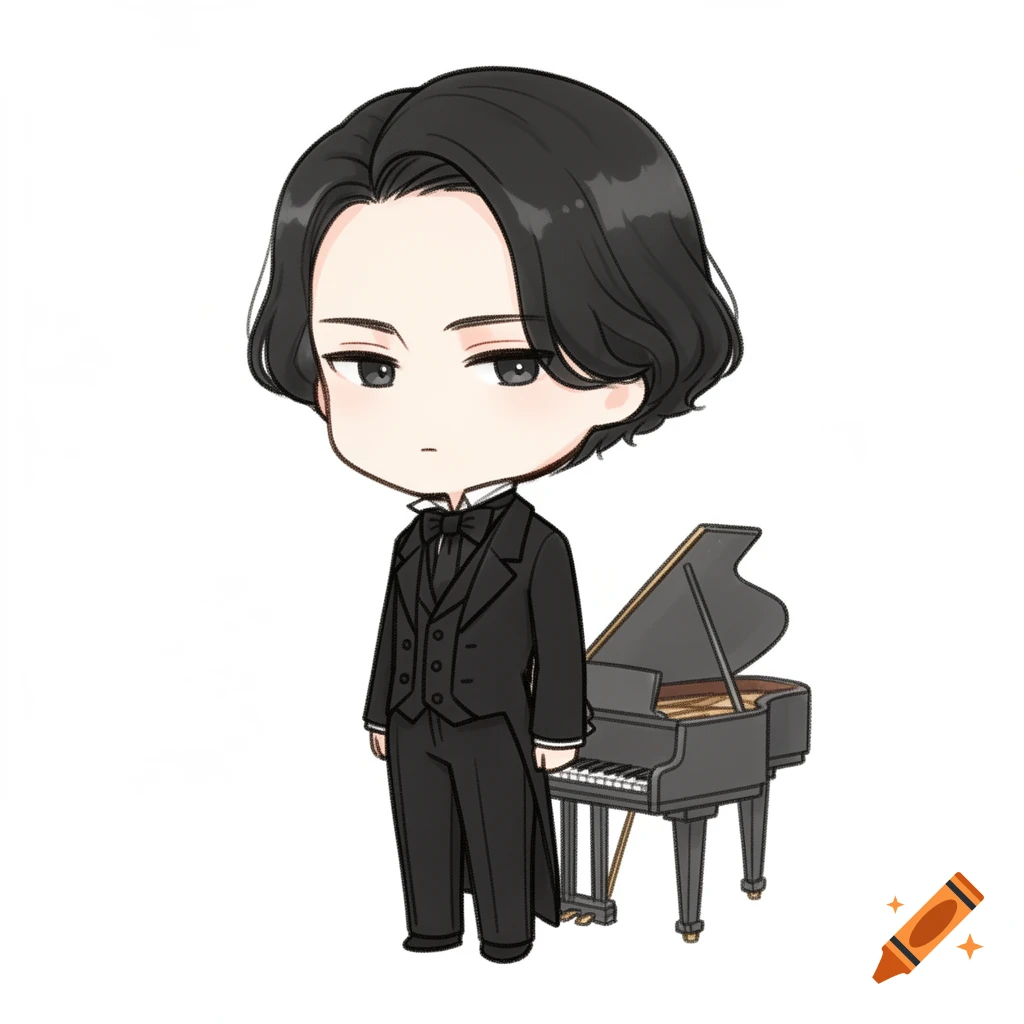 Chibi illustration of a man with black hair in a black tuxedo standing next to a grand piano.