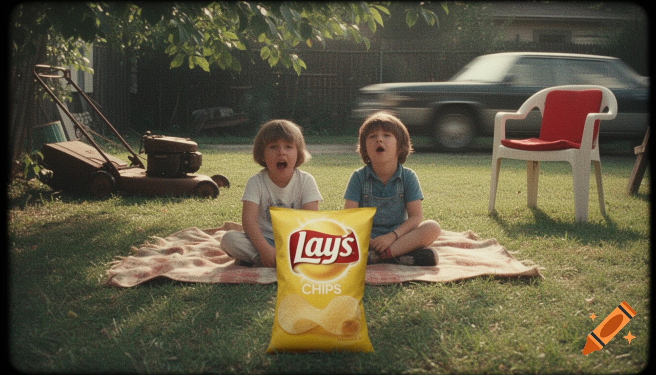Two children sit on a blanket with Lay's chips in a grainy 1980s VHS style backyard scene.