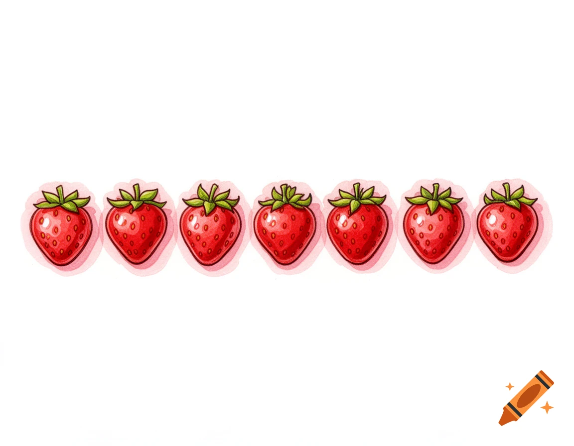 A row of seven red cartoon strawberries with green tops, outlined in black, on a white background.