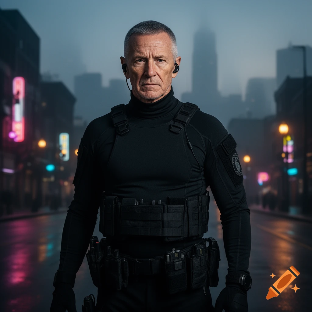 An older, athletic Caucasian man with short gray hair and an earpiece wears black tactical gear on a foggy city street at night.
