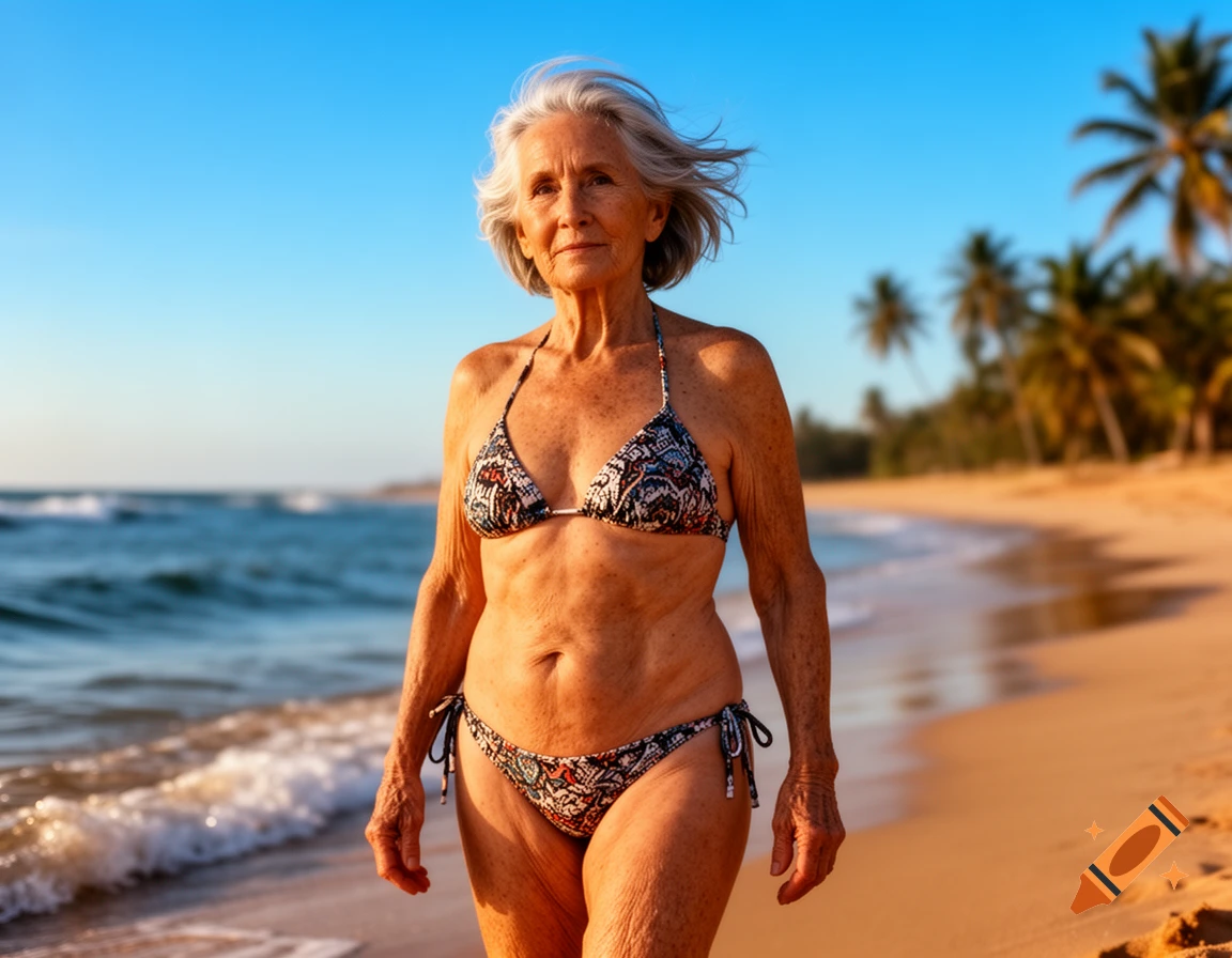 An elderly woman in a bikini walks on a sunny sandy beach with the ocean and palm trees in the background.