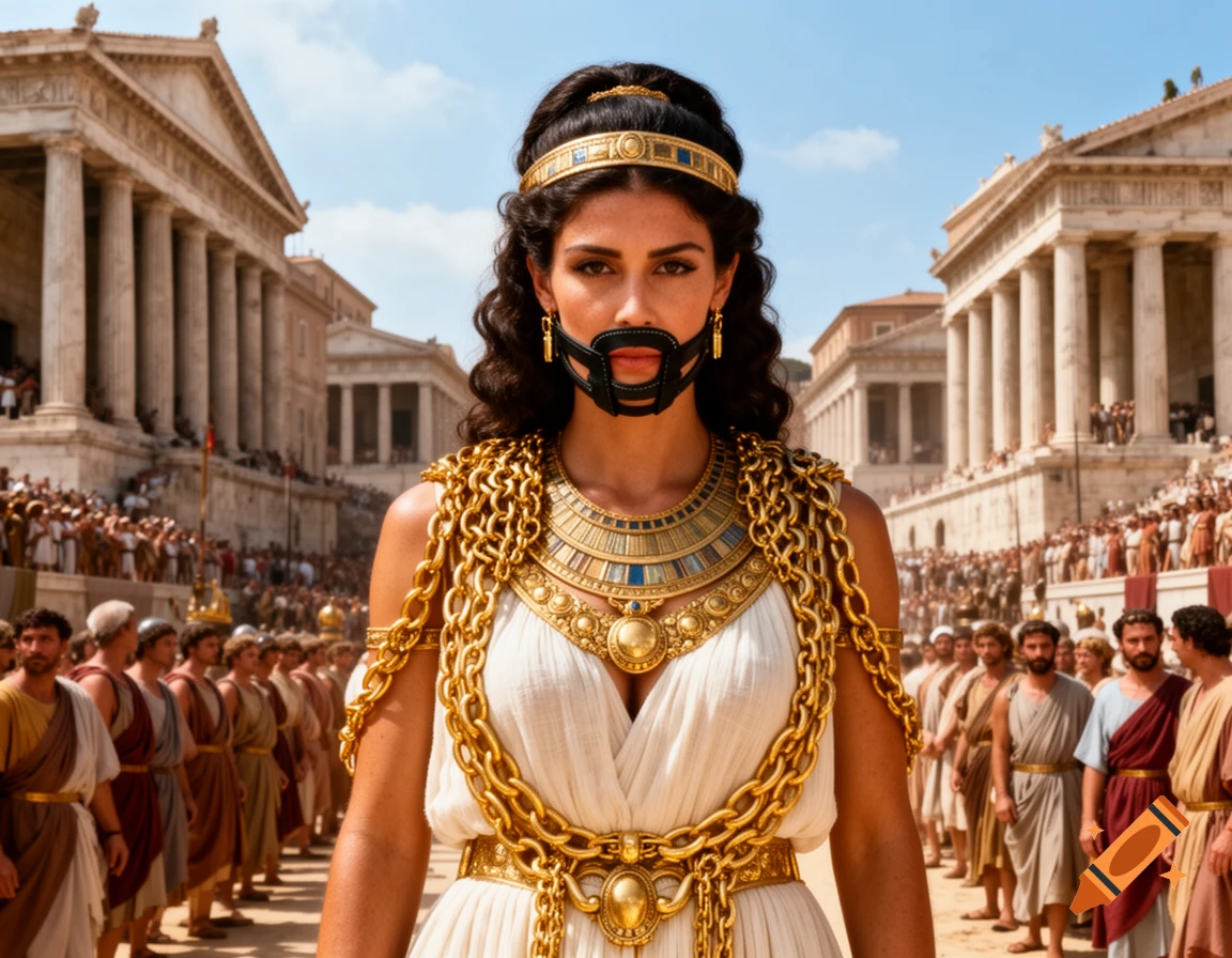 A woman in ancient Roman attire, with elaborate gold jewelry and a black leather gag, stands in a crowded Roman triumph procession.