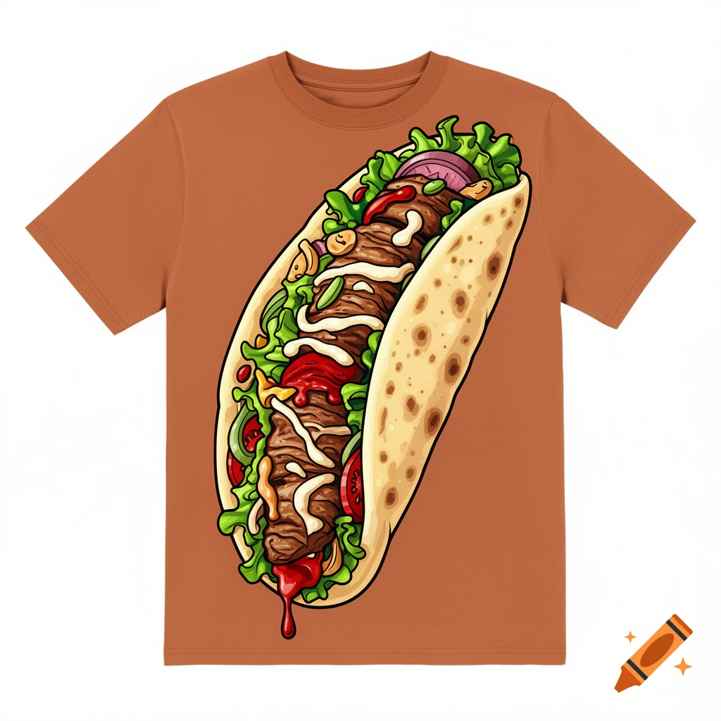 A cartoon illustration of a large döner kebab with meat, lettuce, onions, tomatoes, and sauce on a brown t-shirt.