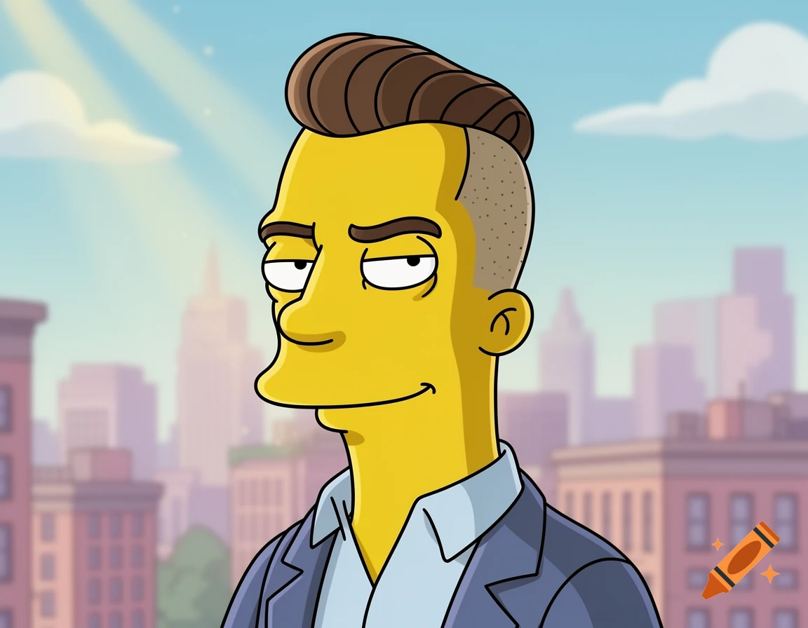 A cartoon male character in The Simpsons style with yellow skin, brown pompadour, and buzzed sides, against a blurred cityscape.