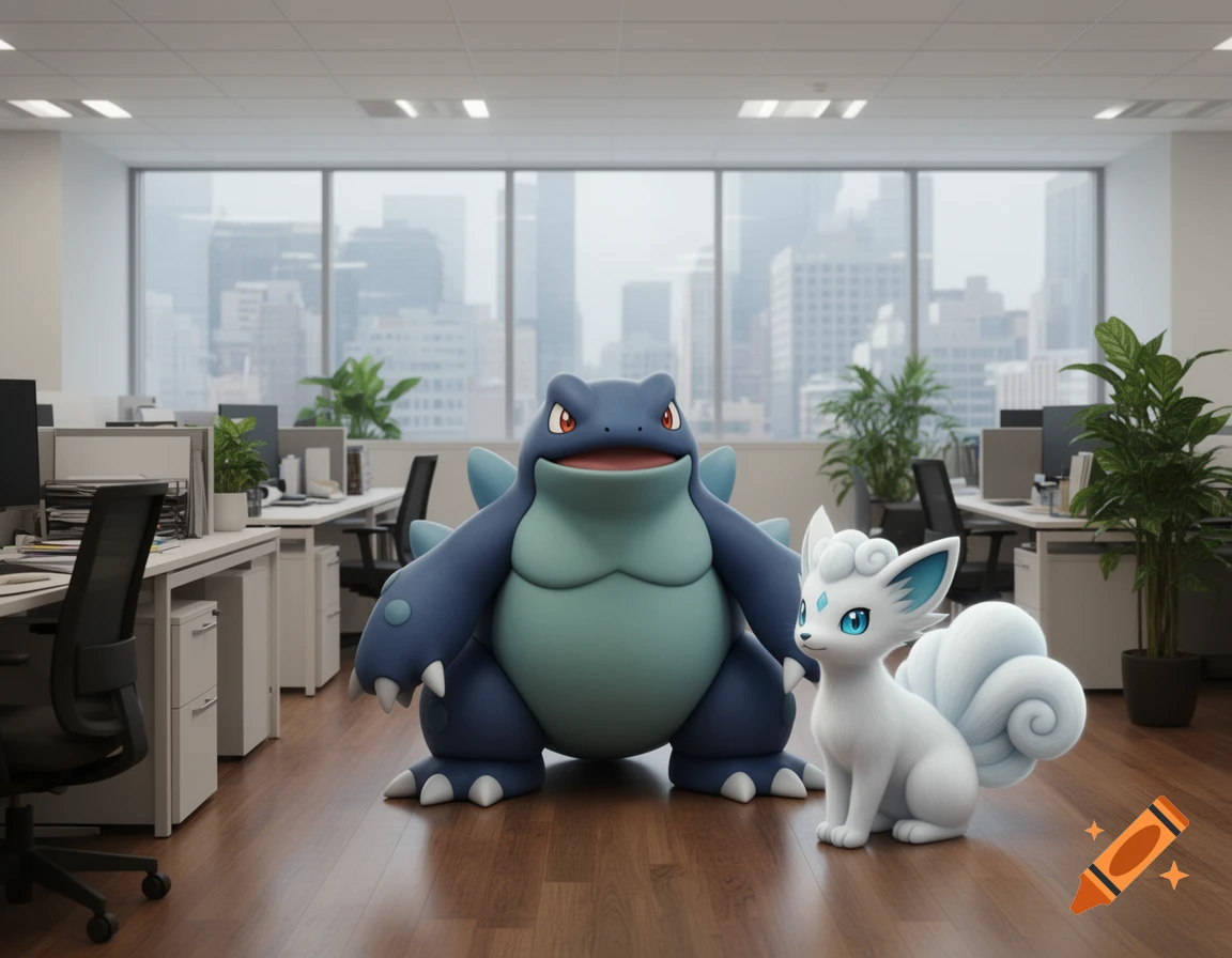 Swampert and Alolan Vulpix standing in a modern office with city views, appearing as 3D rendered cartoon characters.