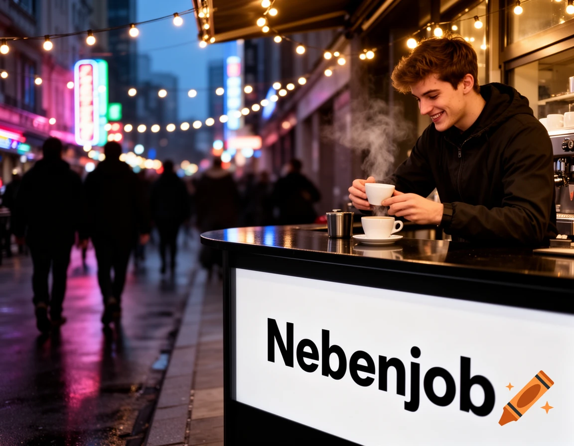 A young man smiles while holding a steaming coffee cup at an outdoor stand that says "Nebenjob" on a bustling, neon-lit city street at night.