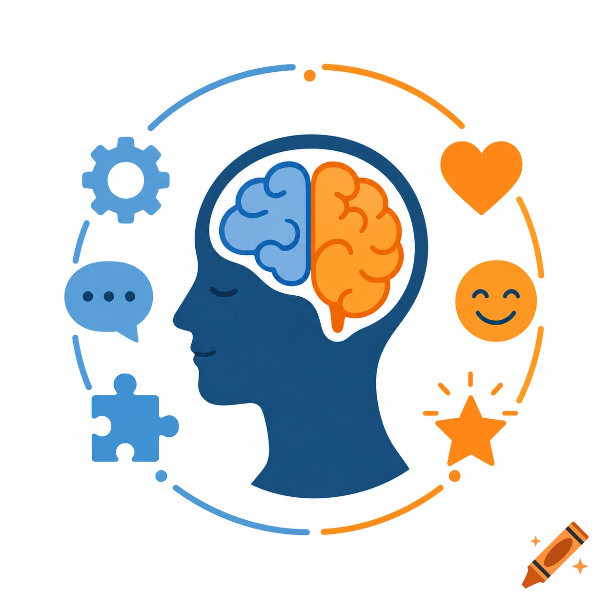 Stylized illustration of a human head with a two-tone brain, surrounded by icons representing thought, emotion, and creativity.
