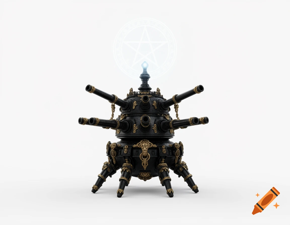 A black multi-legged tank with gold ornate decorations, multiple cannons, and a glowing pentagram above it, on a white background.