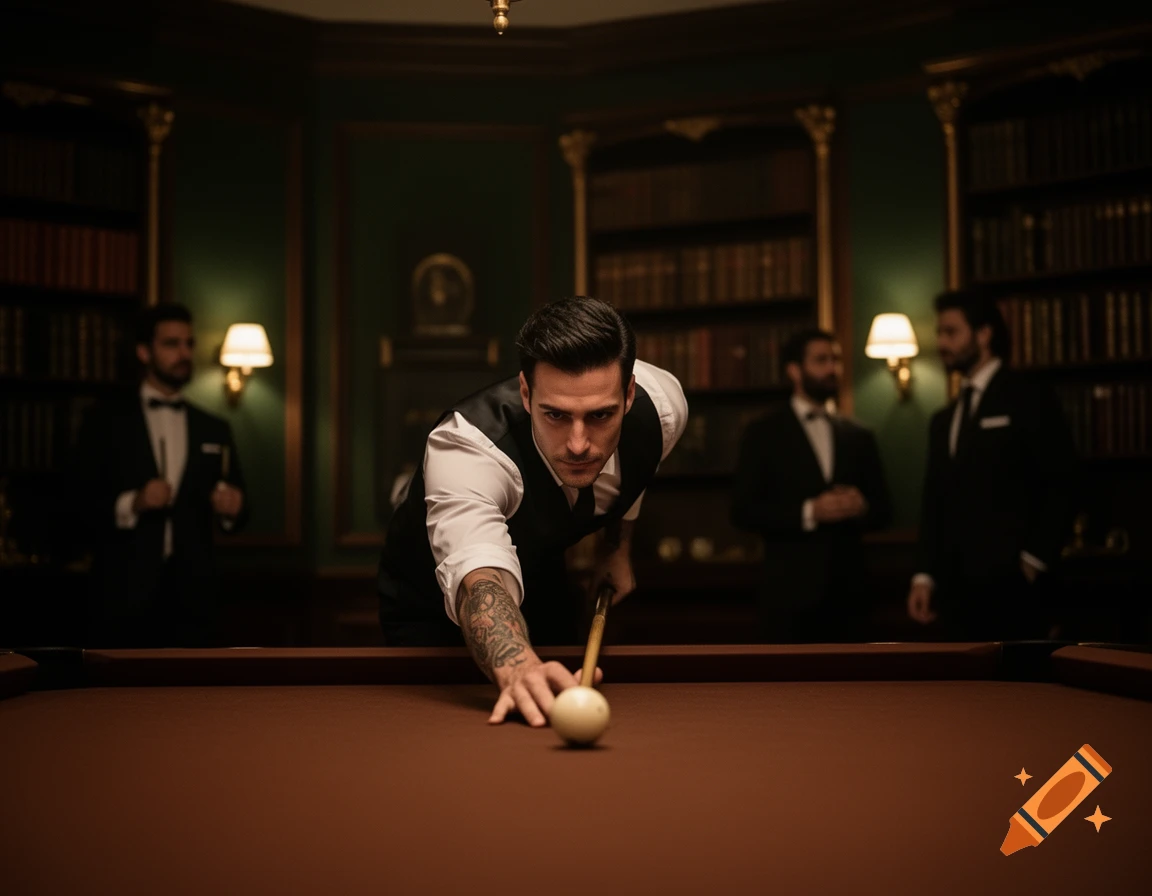 A photorealistic image of an attractive Italian man with tattoos, wearing a vest, leaning over a pool table in a dark, luxurious room.