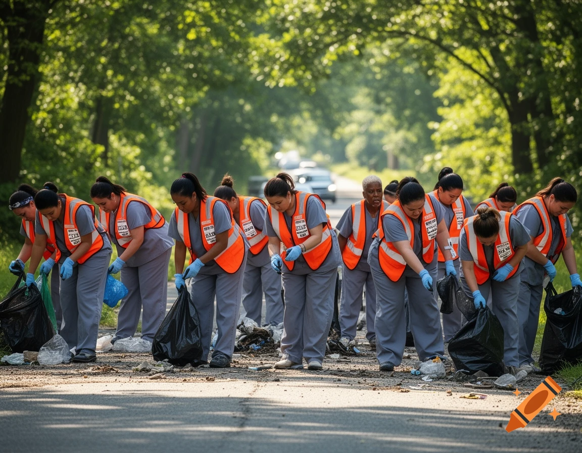 A line of women in orange safety vests and blue gloves picking up litter from the side of a road, with trees and a blurred car in the background.
