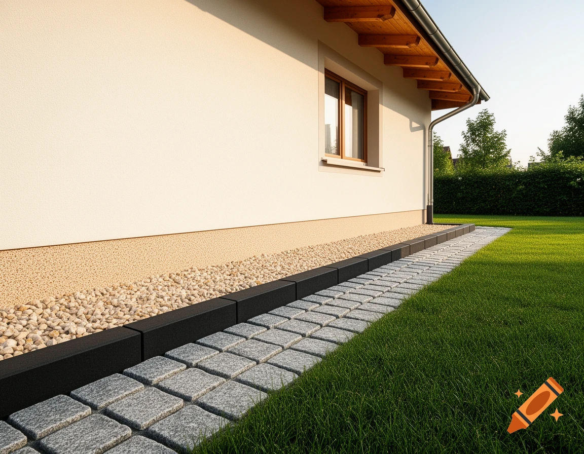 Photorealistic view of a cream-colored house with a wooden roof, a gravel splash guard, black edging, and a grey cobblestone path leading to a lush green lawn.