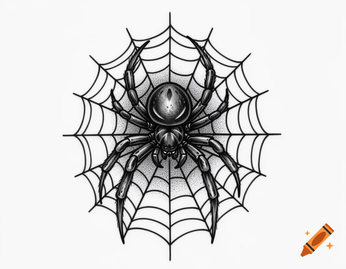 A detailed grayscale illustration of a spider with a stippled body centered on a symmetrical spider web.