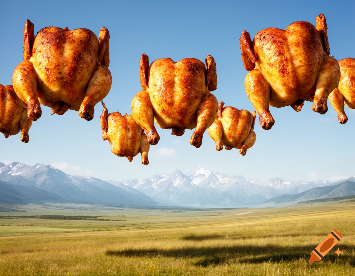Several photorealistic roasted chickens fly through a clear blue sky above a vast green field and distant mountains.