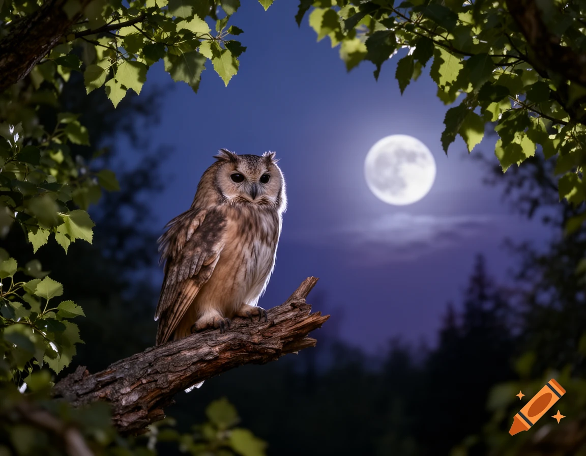 A photorealistic long-eared owl perches on a branch at night, framed by leaves, with a bright full moon in the background.