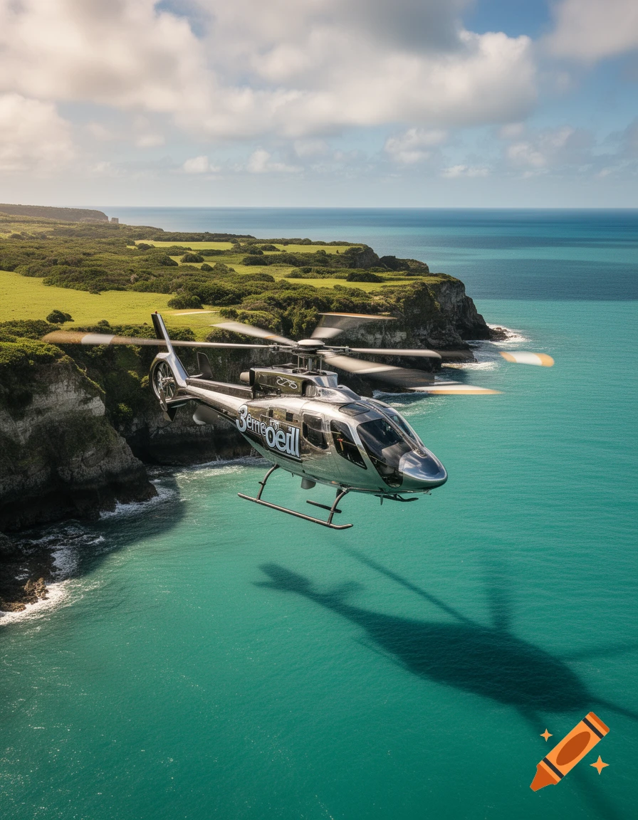 A silver helicopter with text '3eme oeil' on its side flies over a bright turquoise ocean alongside green coastal cliffs under a partly cloudy sky.