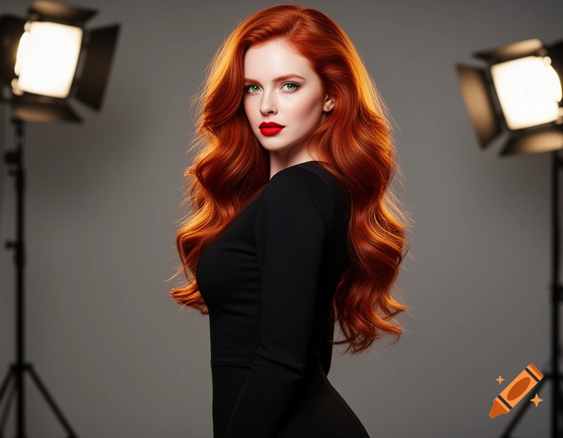A photorealistic portrait of a woman with long red hair, green eyes, and red lipstick, wearing a black dress, posing in a studio.