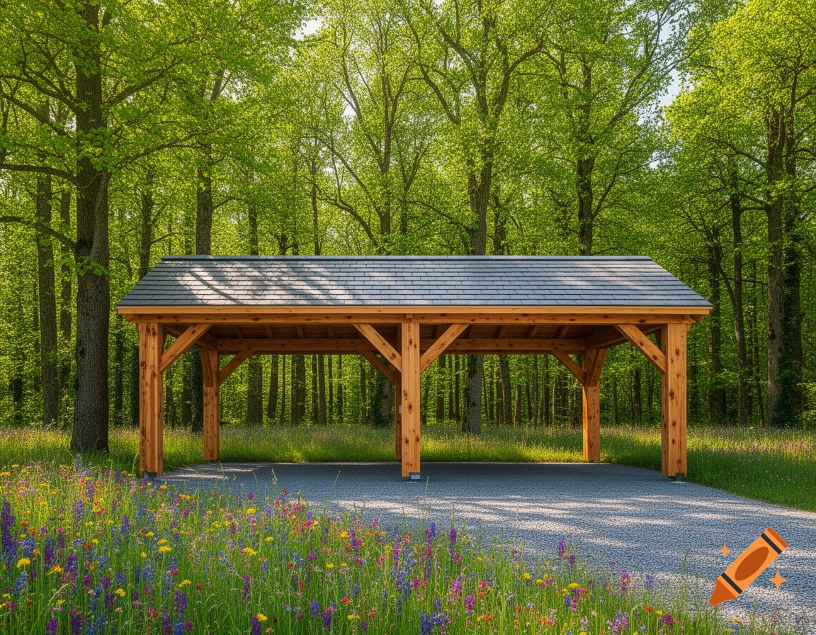 A wooden double carport with a gray shingle roof sits on a gravel driveway, surrounded by lush green trees and vibrant wildflowers under a sunny sky.