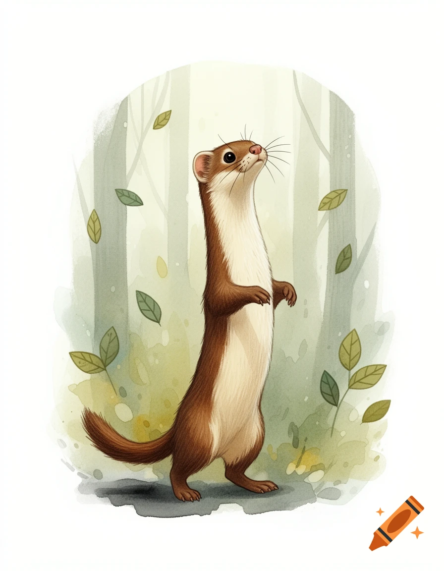 A cute watercolor illustration of a brown and white weasel standing on its hind legs, looking up amidst soft green foliage.
