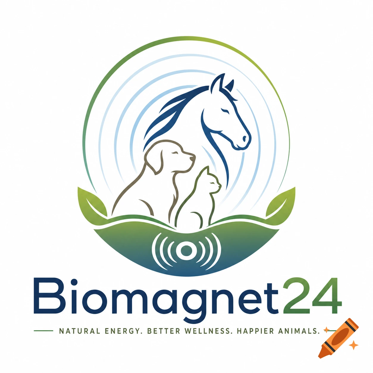Biomagnet24 logo with horse, dog, and cat silhouettes inside a green and blue circle, and a pet wellness tagline.