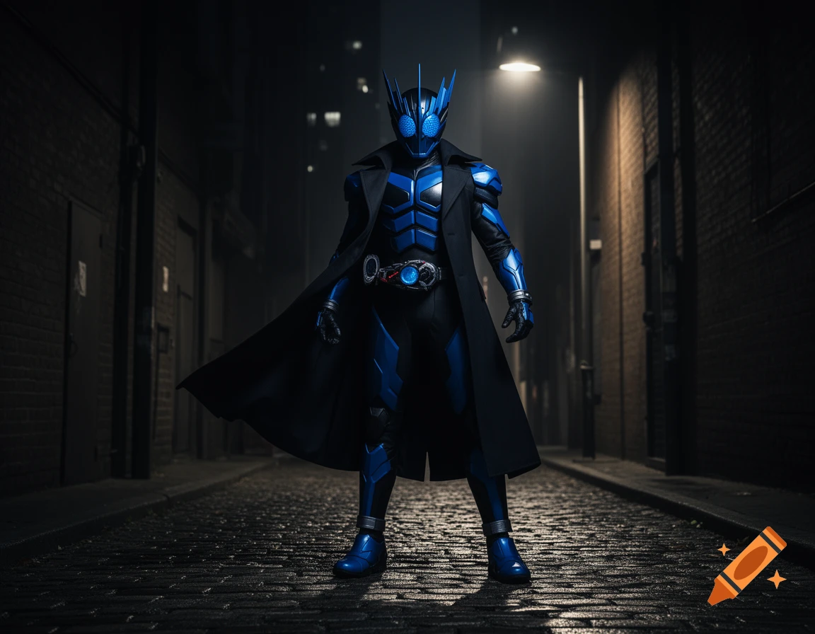 A blue and black Kamen Rider-like superhero in a trench coat stands dramatically in a dark, wet alley.