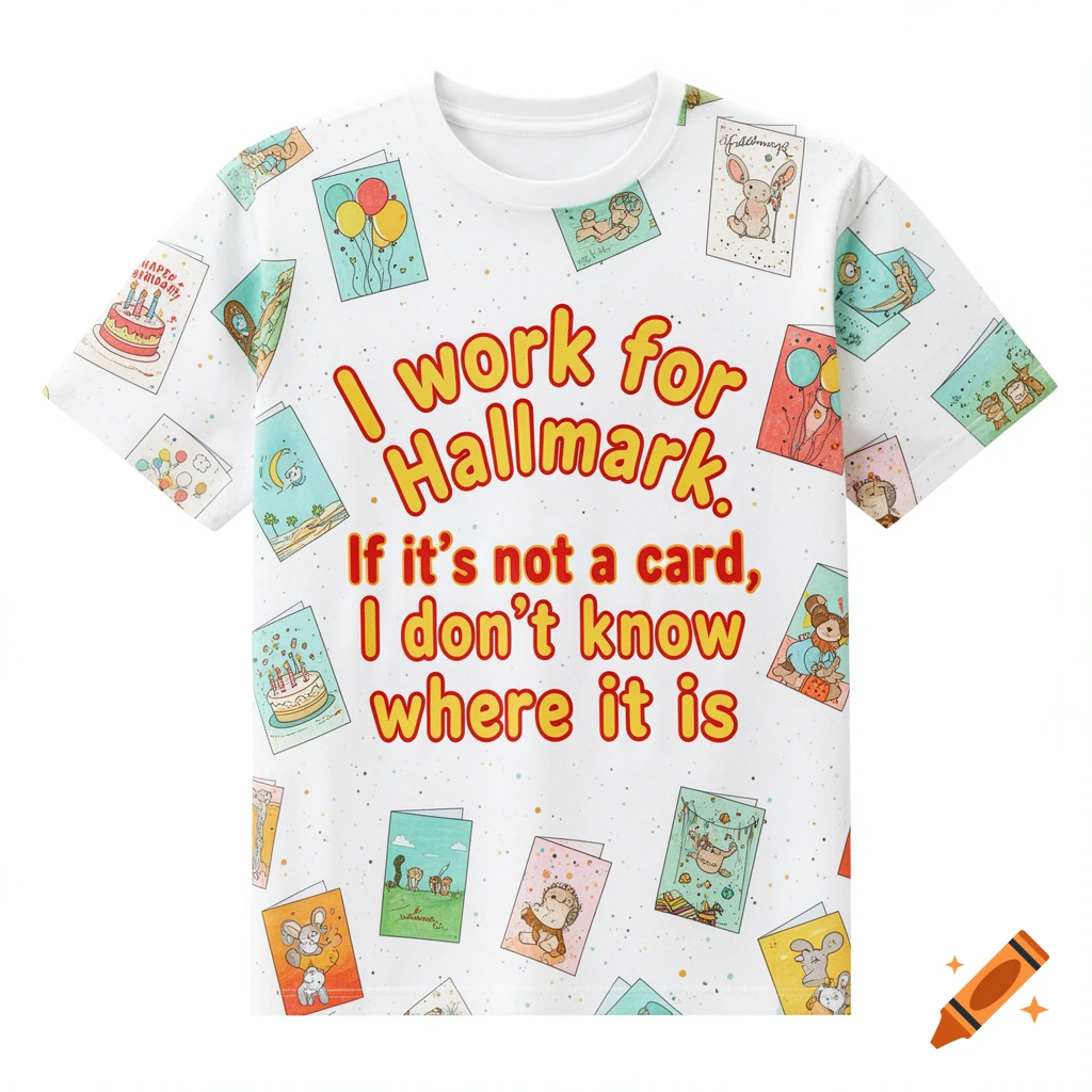 White T-shirt with text 'I work for Hallmark. If it's not a card, I don't know where it is' surrounded by colorful greeting card illustrations.
